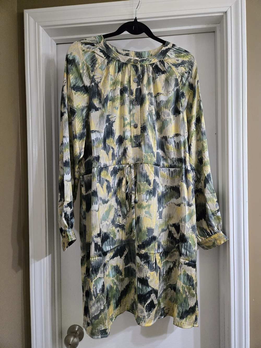 See U Soon XL Long Sleeve Abstract Print Tunic Dress in Yellow, Green & Gray
